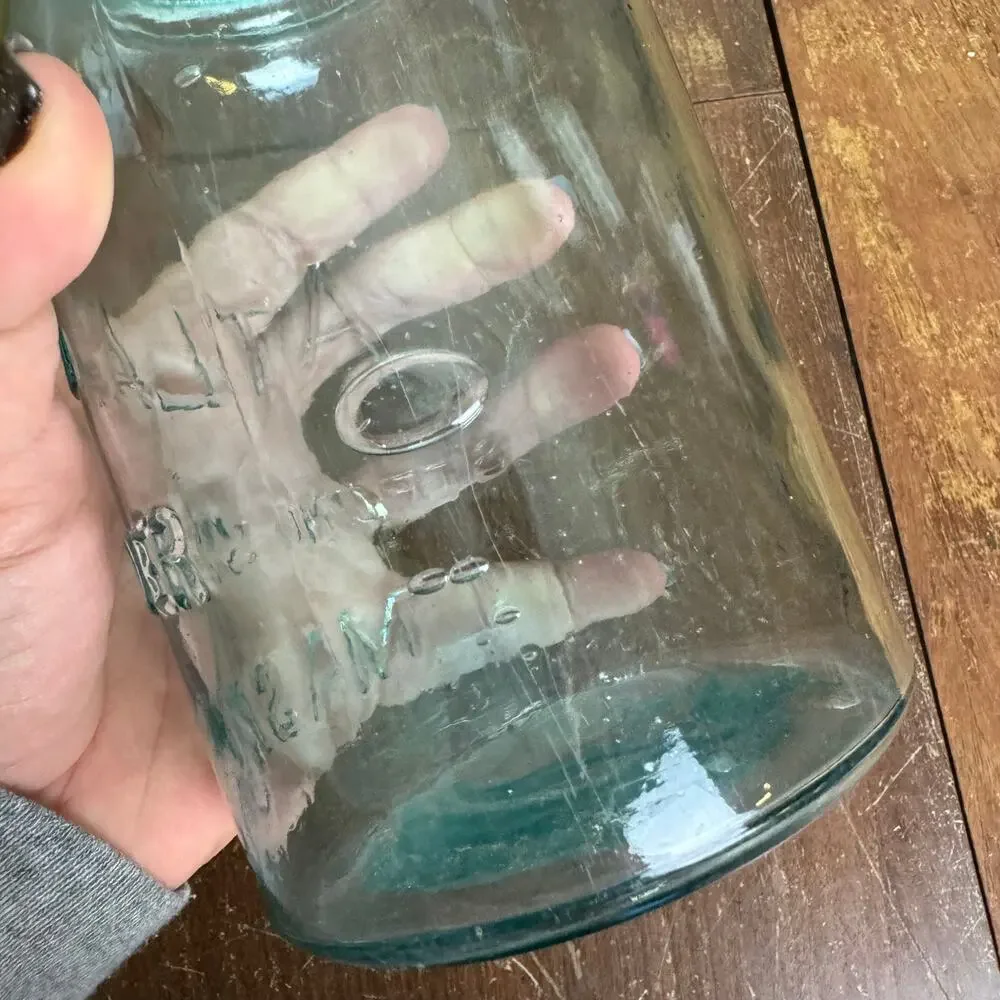 Vintage Atlas Strong Shoulder Mason Jar Aqua Blue Glass‎ 1 Quart Hazel-Atlas